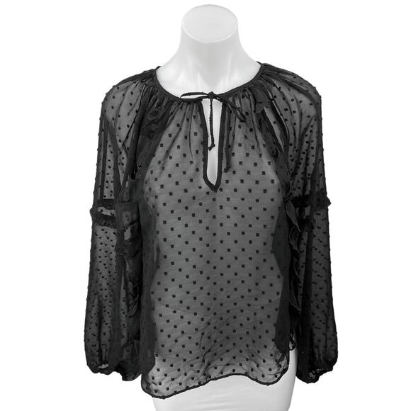 Express Black Mesh Sheeer Polka Swiss Dot Keyhole Longsleeve Blouse Top Size XS - Picture 1 of 3